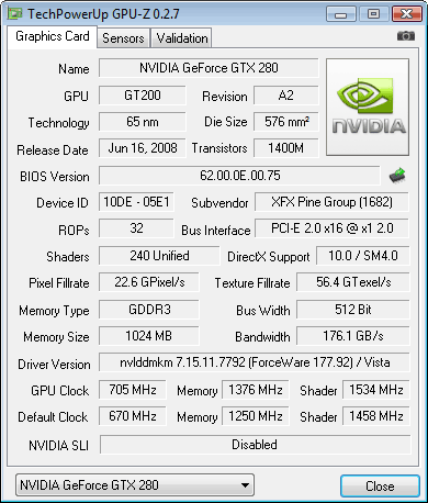 XFX GeForce GTX 280 1 Gb Gpuz -oc